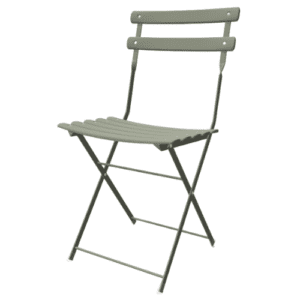 Chaise pliante Arc & Ciel en acier vert olive, vue arrière. Cette chaise pliante durable possède deux lattes horizontales et un design élégant. Parfaite comme chaise de bistrot ou de jardin, mais également idéale comme siège supplémentaire. Grâce à son design pliant, elle se range facilement et reste très pratique.