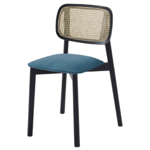 Bilba horecastoel met rotan rug, zwart beuken frame en blauw beklede zitting – stijlvolle gecanneerde stoel voor restaurant of café