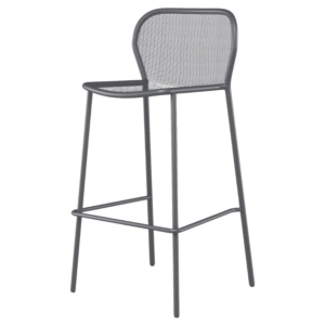 Tabouret de bar industriel hospitality avec une structure métallique fine visible dans l'assise et le dossier. La finition grise couleur fer s'accorde parfaitement avec une décoration d'intérieur ou de bar élégante.