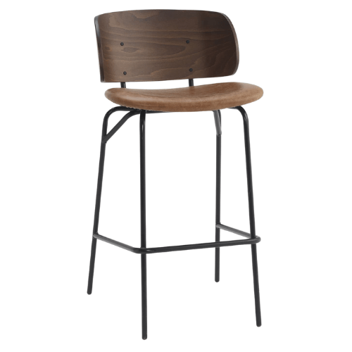 Voorzijde van de Julietta barstoel met zwart metalen frame, gebogen houten rugleuning in donkere afwerking en ronde lederen zitting. Tijdloos ontwerp voor horeca barkrukken, ideaal voor bar en restaurant inrichting.