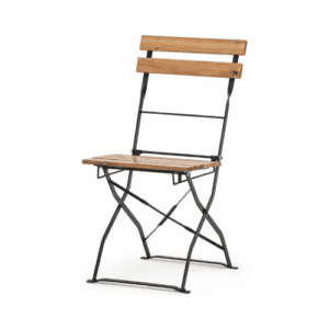 Foldable terrace chair with metal frame and wooden seating