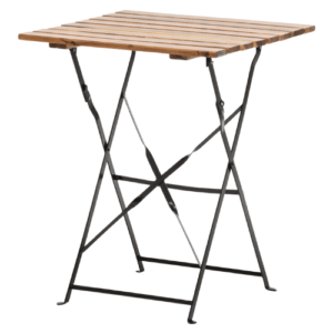 Table pliante carrée pour l'hôtellerie, avec plateau en acacia et structure en métal noir. Légère et robuste, elle est idéale pour les terrasses extérieures. Son piètement croisé offre une stabilité accrue. Une table pliante compacte idéale pour l'hôtellerie.