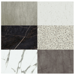 Volkern horeca tafel bladen. Overzicht van zes steen decor tafelblad opties in volkern: betonlook, zwart marmer, terrazzo en wit marmer. Geschikt voor horeca meubels, terrasmeubilair en restaurant inrichting.