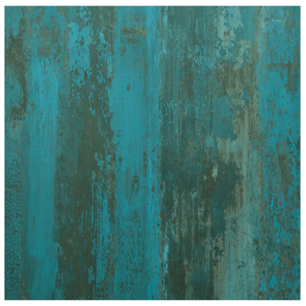 Tafelblad in turquoise verweerde afwerking met patina effect. Volkern uitvoering, ideaal voor unieke horeca tafel bladen of artistieke café inrichting.