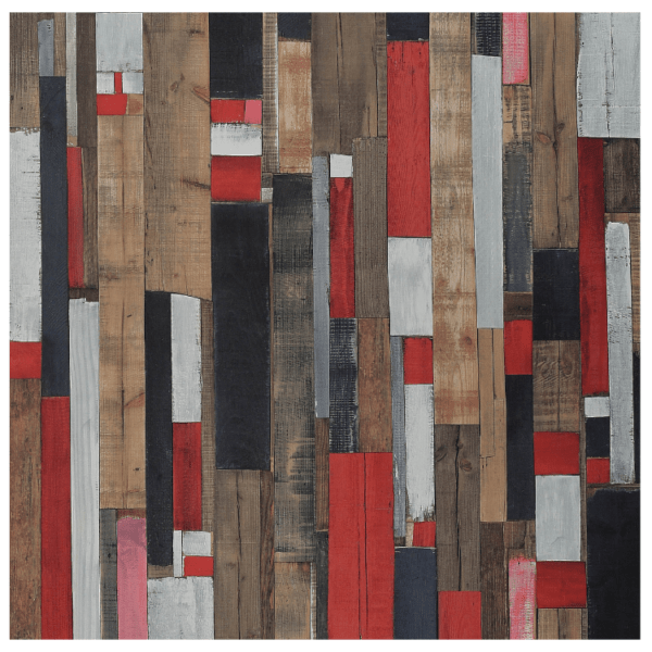 Patchwork tafelblad in volkern met rood-zwarte kleuraccenten. Gedurfd en speels design voor moderne horecazaken of horeca meubels outlet.