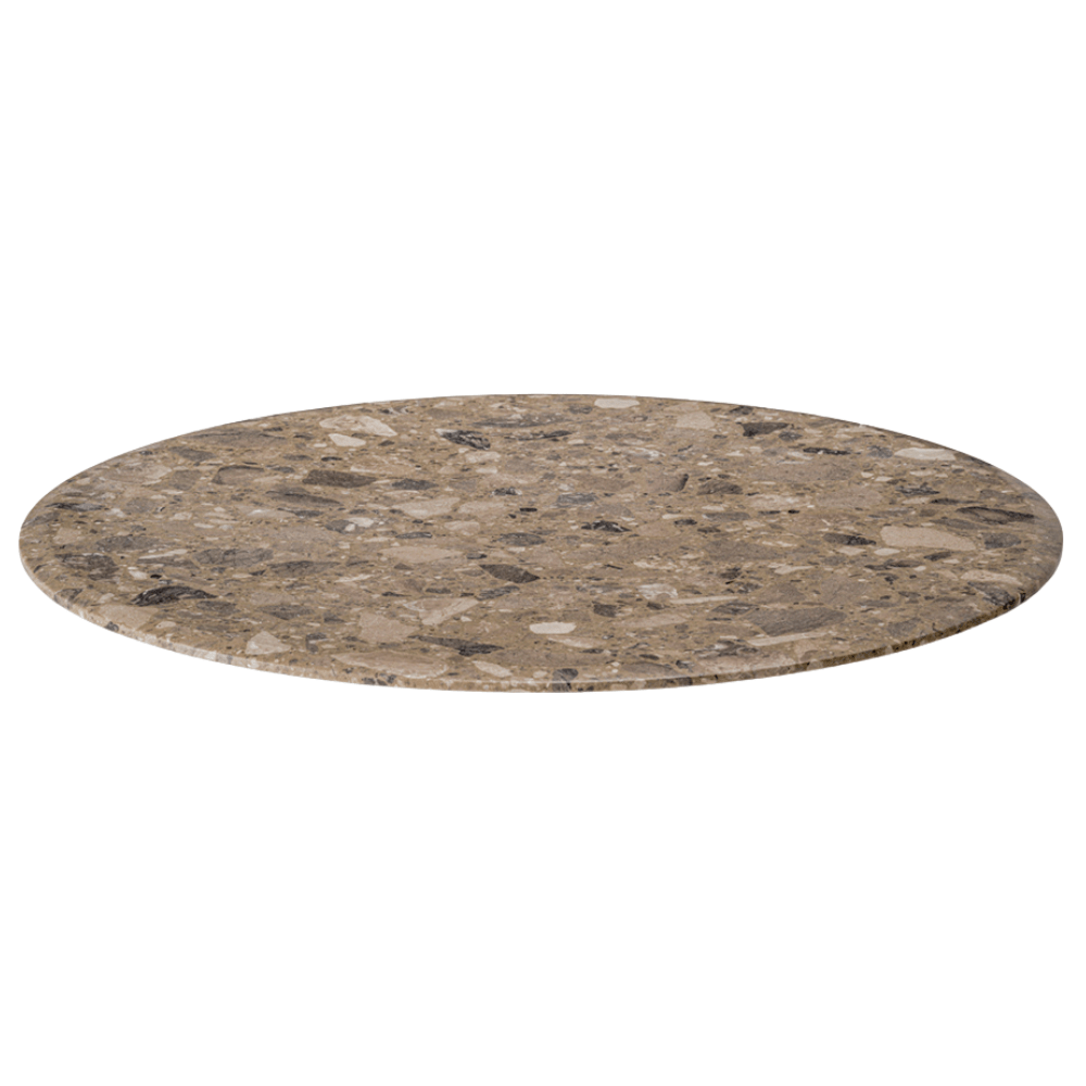 Plateau de table rond en marbre composite brun foncé à gros grain et finition mate. Cette table allie robustesse et élégance et convient parfaitement à la décoration d'intérieur d'un établissement hôtelier.