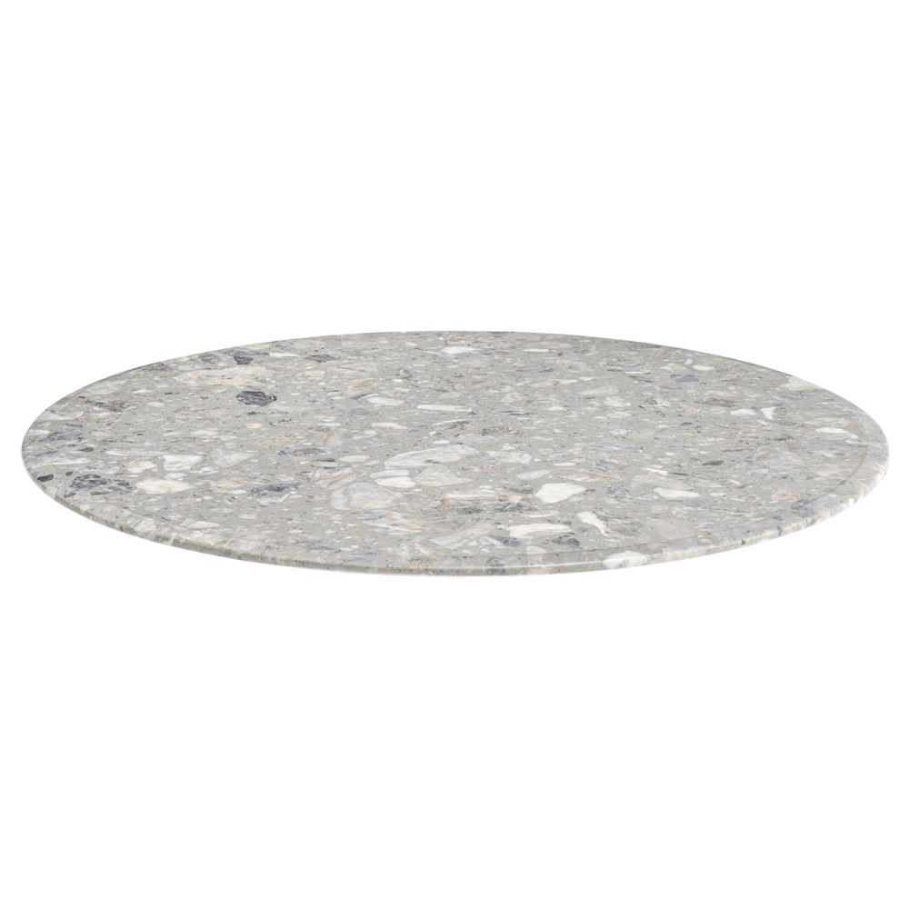 Plateau de table en marbre composite gris avec bord plat. La couleur neutre et les fines particules de marbre confèrent un aspect moderne et frais à l'intérieur de votre entreprise de restauration.