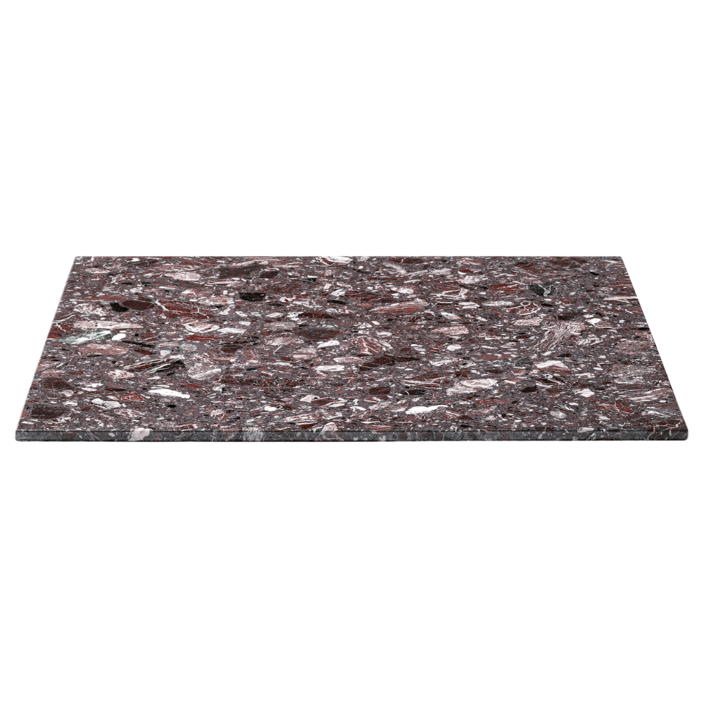 Plateau de table d'accueil rectangulaire en marbre composite d'un rouge vineux profond, avec une finition à bord plat. Les tons frappants de la couleur font de ce plateau un élément qui attire l'attention dans n'importe quel restaurant.