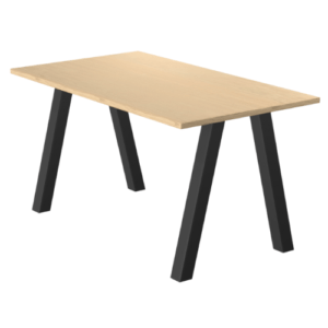 High table with light wood-effect laminate top and black metal legs, front view. Fresh high catering table in light wood tone with black metal frame. Ideal for use in offices or catering establishments. Ideal for those looking for indoor hospitality furniture from a specialist wholesaler.