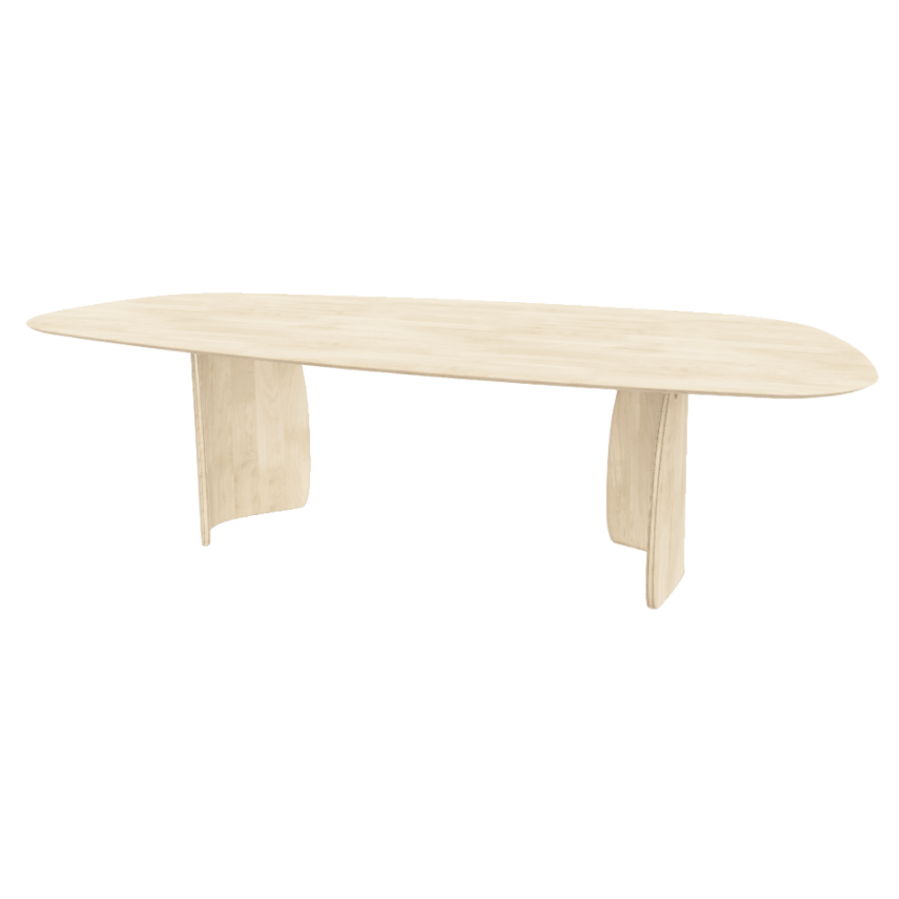 Karaktervolle massief eiken horecatafel met asymmetrisch blad en organische vorm. Het blad van 30 mm dik rust op twee sculpturale poten in gefineerd multiplex, in dezelfde kleur als het blad. Perfect voor inrichting restaurant en vergaderruimte.