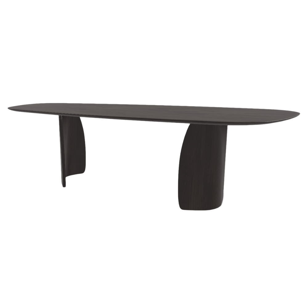 Ovale eettafel in massief hout met donker gebeitst blad en sculpturale poten. De diepe kleur geeft extra karakter, ideaal voor een stijlvolle horecazaak of representatieve projectruimte.