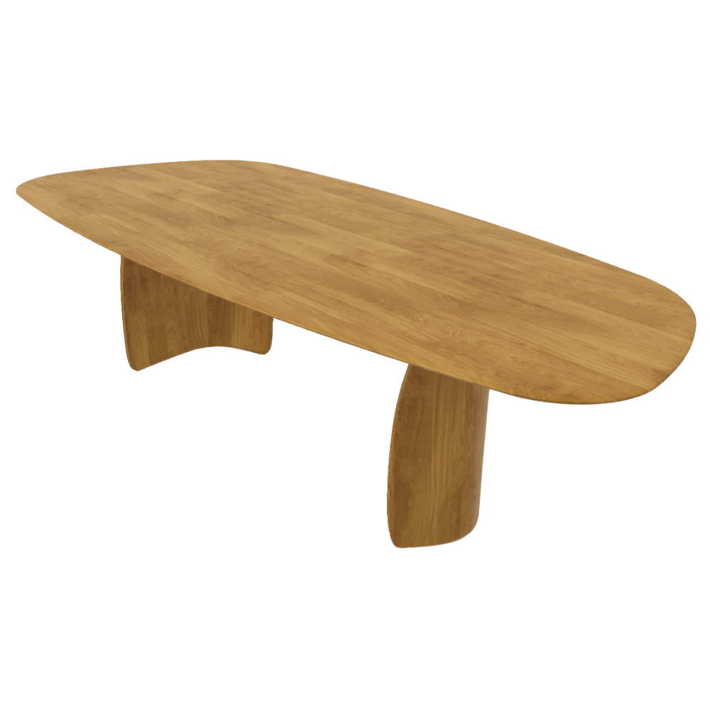 Lichtbruine massief eiken tafel met afgeronde vormen en sculpturale basis. De warme tint creëert een uitnodigende sfeer in cafés, restaurants en hotels. De perfecte horecatafels vind je bij Búni!