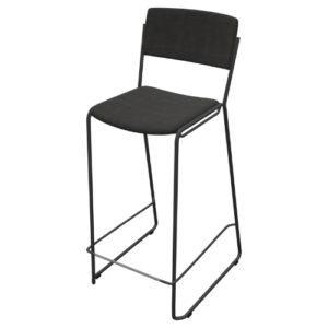 Zwarte stapelbare barkruk horeca met stoffen zitting en rugleuning. Metalen sledeframe en geïntegreerde voetsteun. Tijdloos design dat past bij elk polyvalent horecaconcept. Ideaal als stoelen horeca in bar of lunchzone.