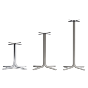 Drie Fluxo tafelonderstellen in verschillende hoogtes, ontworpen voor horecatafels in salontafel-, eettafel- of bartafelconfiguratie binnen groothandel horeca meubilair.