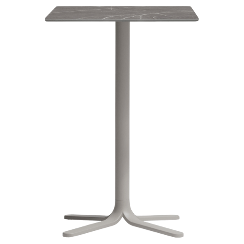Hoge vierkante horecatafel met marmerlook blad en lichtgrijs onderstel, geschikt voor indoor en outdoor gebruik in de horeca meubel groothandel.