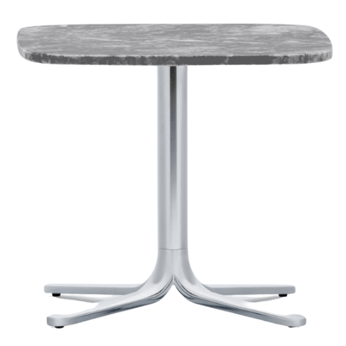Lage tafel met afgerond marmerlook blad en gepolijst aluminium onderstel, perfect als horeca lounge meubilair voor high-end interieurs. Een geliefde horeca tafel in onze gespecialiseerde groothandel.