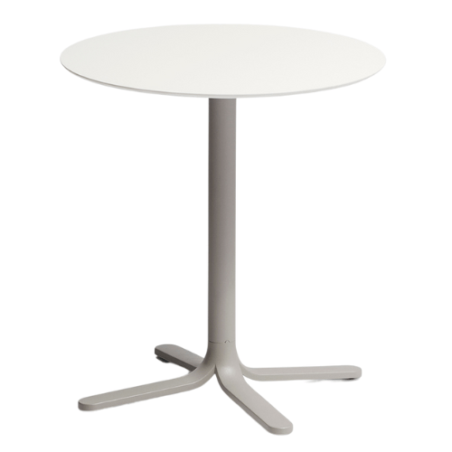 Witte ronde tafel met lichtgrijs aluminium onderstel, een onderhoudsvriendelijke horecatafel voor buitengebruik op terrassen, maar ook voor binnengebruik in horecazaken en projecten.