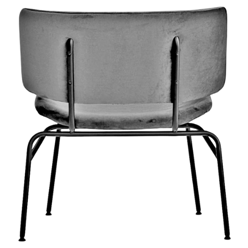 Achterzijde van de Julietta Lounge stoel in zwart metaalframe en ruime rug, uitgevoerd in effen stoffering. Ideaal als duurzaam en elegant lounge meubilair voor horeca.