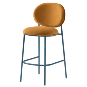 Barstoel met optimaal comfort door zachte stof, afgewerkt met ronde vormen in een gebogen frame van staal