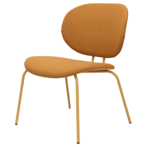 Vue de face du fauteuil lounge Harry pour l’hôtellerie-restauration. Entièrement tapissé en textile jaune moutarde avec pieds en métal et dossier ergonomique. Mobilier d’intérieur idéal pour des intérieurs hôteliers luxueux.