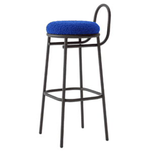 Angled front view of Zoa barstool with backrest for hospitality, with black steel frame and blue fabric seat. The round backrest in curved metal adds subtle support. Suitable for hospitality bar interiors or modern café setups.