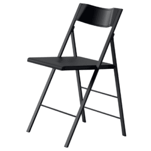 Black folding chair with a plastic seat and back – this catering folding chair is stackable, lightweight, and moisture-resistant. Suitable as a shower-safe chair for healthcare settings or as a folding chair for indoor or outdoor catering furniture.