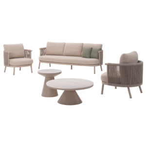 Complete outdoor horeca loungeset met 3-zit, twee 1-zitters en twee bijpassende koffietafels in zandkleur. Strak aluminium frame, beige stoffering in Sunbrella, afgewerkt met keramiek en touw. Perfect horeca terrasmeubilair of horeca lounge meubilair.