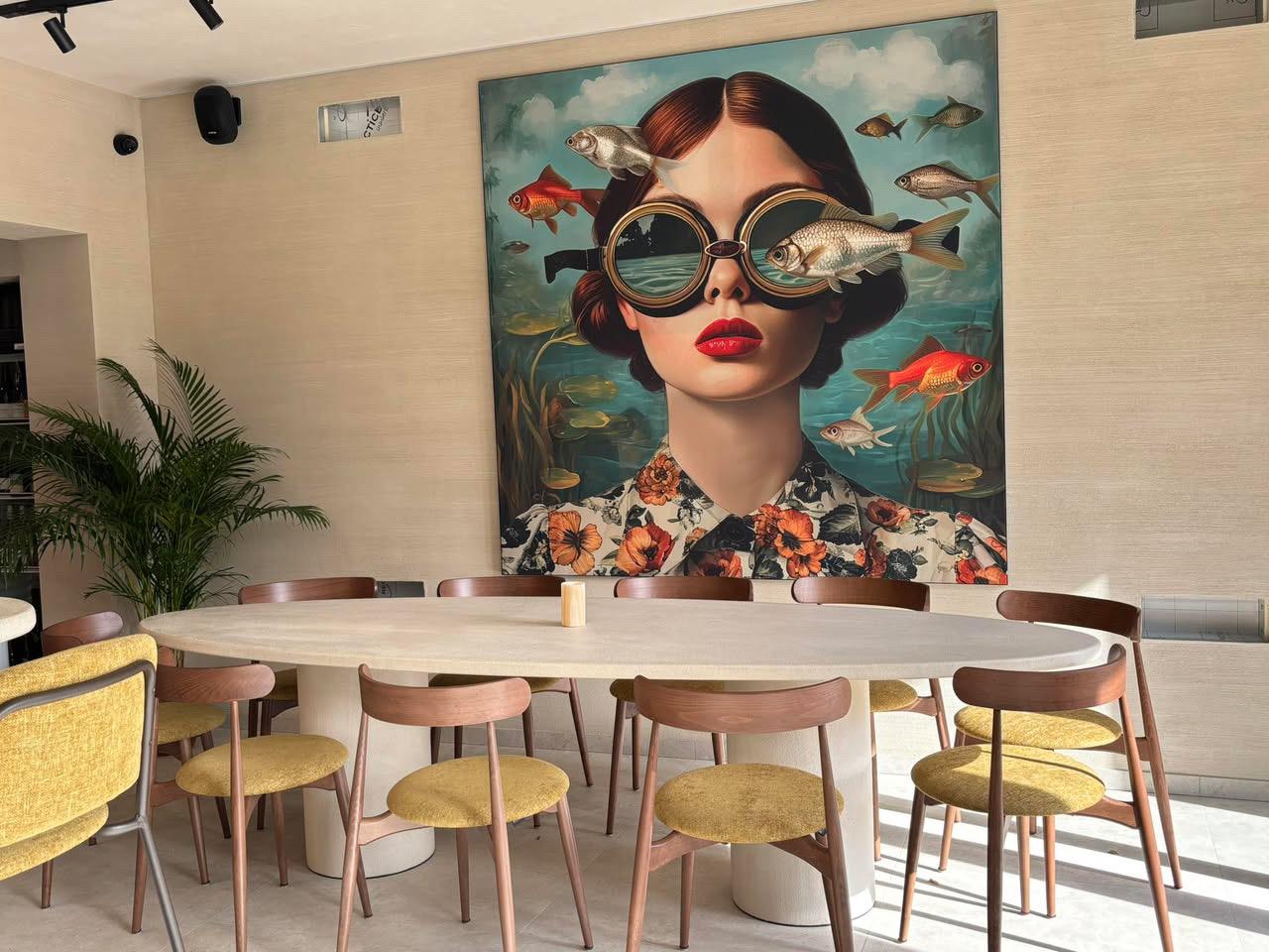 Speelse tafelopstelling onder een opvallend kunstwerk in Bistrobar Triple, met een mix van ronde tafels horeca en stapelbare houten stoelen horeca met zachte, mosterdgele zitting. Het warme hout en het kleuraccent geven de ruimte een unieke, persoonlijke uitstraling.