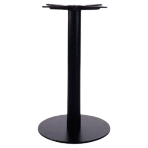 Black metal hospitality table base with round foot plate and cylindrical column. Finished with black powder coating, suitable for indoor use in restaurant or café interiors. The robust, minimalist design fits any modern hospitality setting and provides stability for tables up to 80x80 cm.