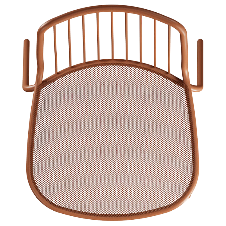 Bovenaanzicht van de Alisea terrasstoel in terracotta poedercoating, met afgeronde rugleuning en verticale metalen spijlen. Deze stapelbare stoel is afgewerkt met fijn geperforeerd metaal voor een luchtig effect. Inrichting horeca van topkwaliteit.