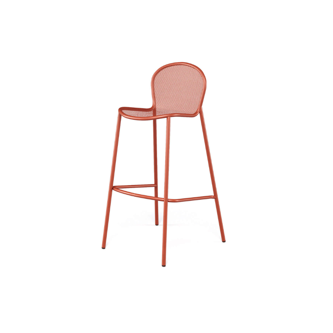 Ronda bar stool in terracotta with metal frame and perforated back, front view