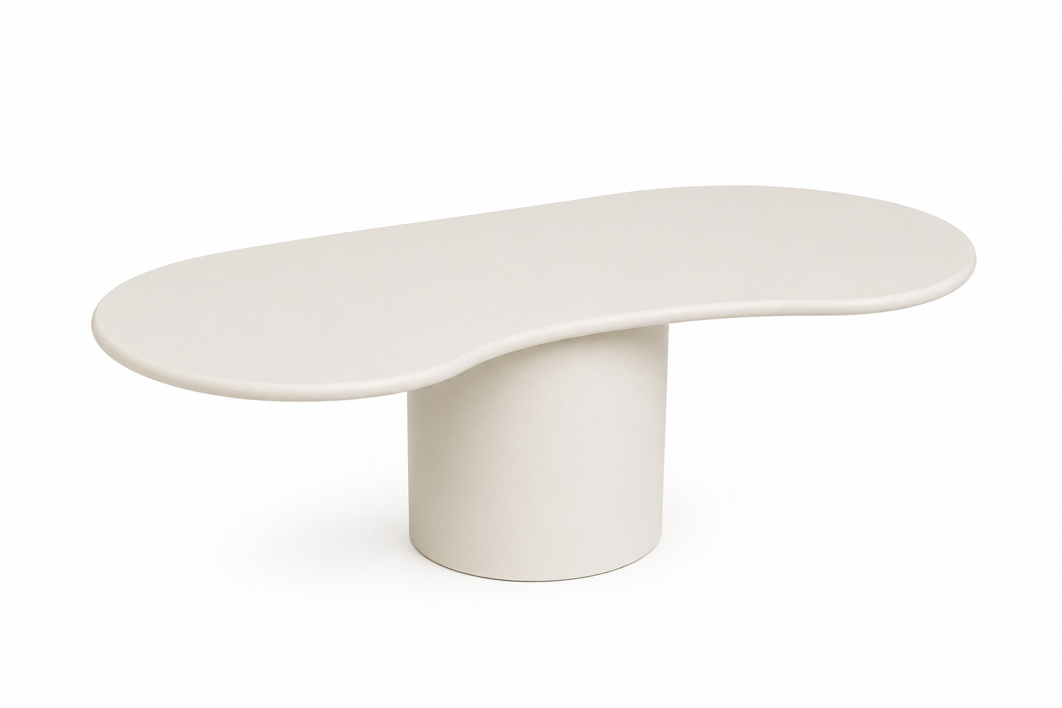 Witte organisch gevormde loungetafel Taillora met afgerond tafelblad en cilindervormige voet in een modern interieur.